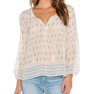 Joie Womens Small 100% Silk Printed Peasant Blouse With Tassel Tie Neck Shirt